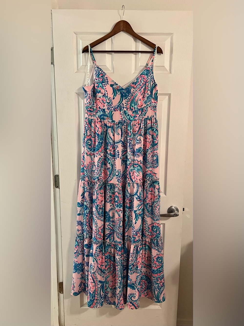 Lilly Pulitzer Pink and Teal Paisley Tiered Maxi Skirt